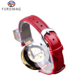 Forsining 188 Golden Skeleton Diamond Watch Design Banda de cuero genuino rojo Relojes mecánicos impermeables para mujer